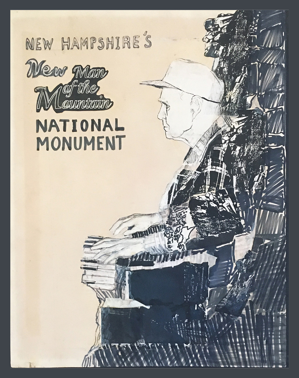 "New Hampshire's NEW Man of the Mountain National MonumentA poster by Hilliare Wilder, digitized by Richard HartIt depicts tunesmith, piano player, composer, teacher, US Marine, accordionist Bob McQuillen as the Man of the Mountain that was "the face of New Hampshire" until it crumbled in 2003.
