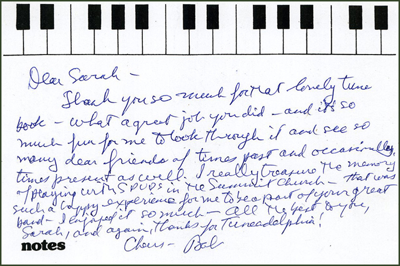 Bob's Thank You Note to Sarah Gowan for the tune book she sent him.